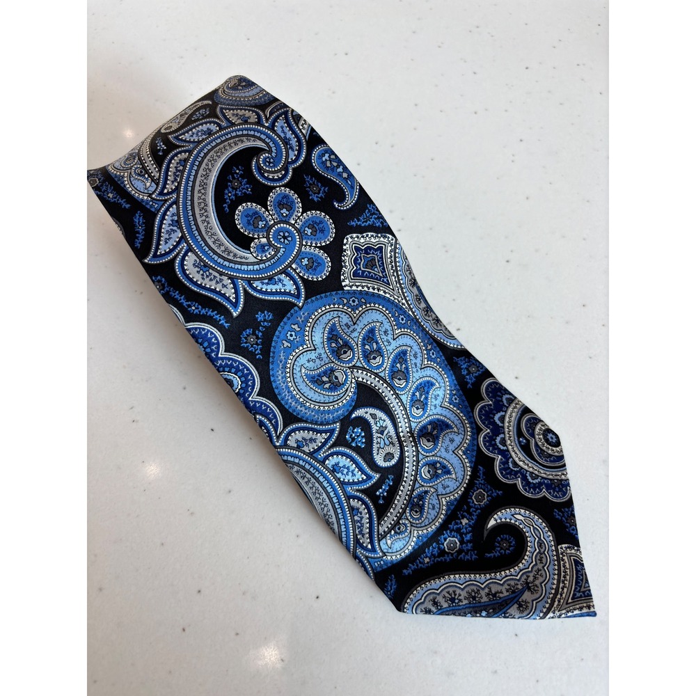 Countess Mara Mens Blue Black Grey Paisley Silk Hand Made Necktie Tie